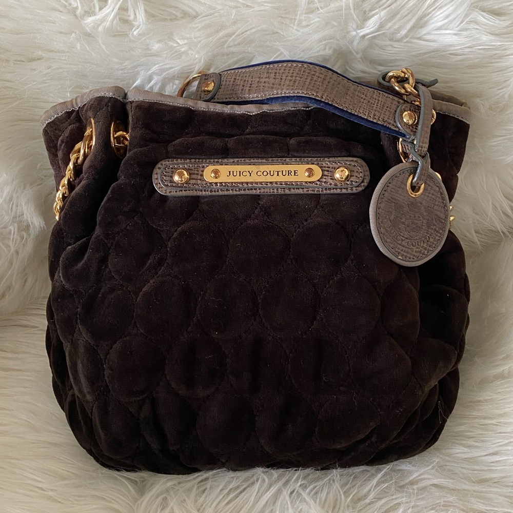 ♥️Preloved♥️ Juicy Couture Black Velour Hobo Tote Bag with Gold Hardware